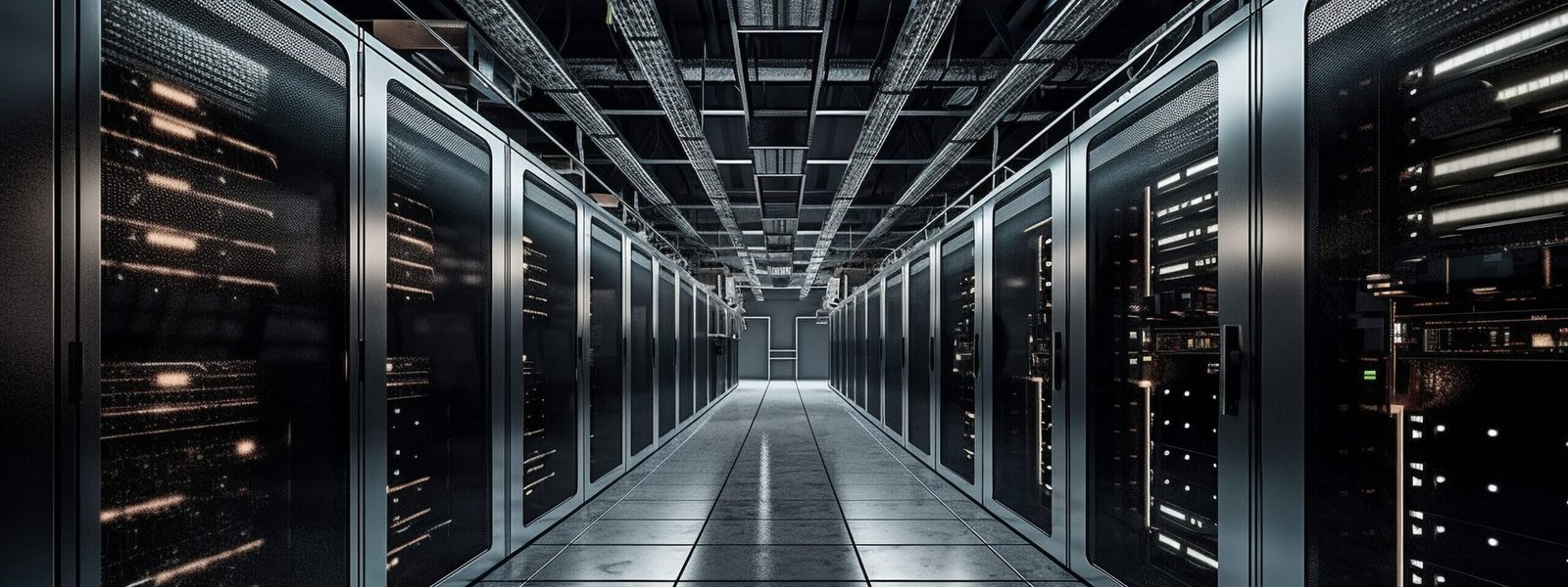 A low-angle view of a long, sterile low-cost data infrastructure. Rows of dark, floor-to-ceiling server racks with glowing lights line both sides of the shiny tiled floor, leading to a closed door in the distance. The ceiling is a complex network of wires, pipes, and vents.