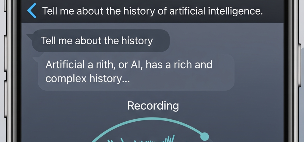 An iPhone screen displays a Meta AI chatbot interface. The chatbot is shown actively recording a conversation, indicated by a microphone icon and a pulsing audio waveform. The image highlights the data collection aspect of AI, which is a critical consideration for ethical AI in personalized marketing.