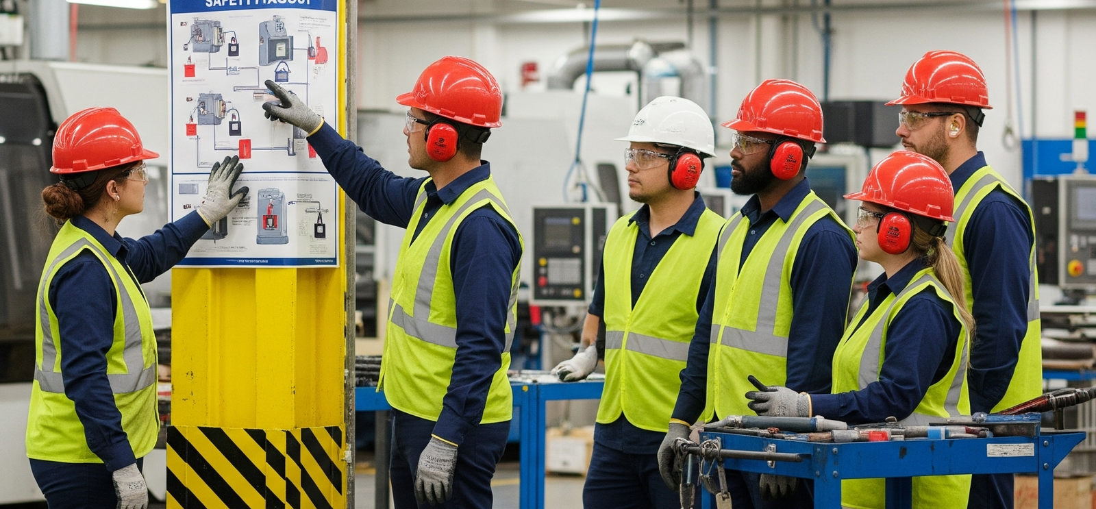 Workers wearing yellow hard hats reviewing a safety board on the shop floor, demonstrating how shop floor data is used to track safety and operational performance.