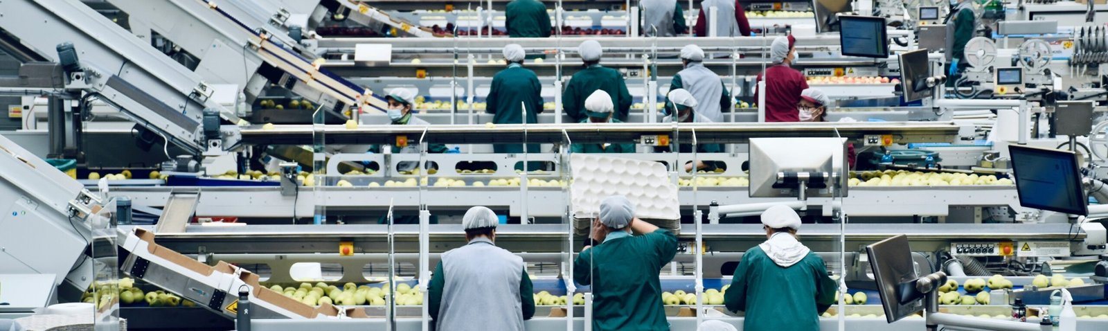 Workers on a factory shop floor picking products from conveyor belts, illustrating the use of shop floor data to monitor and improve production processes.