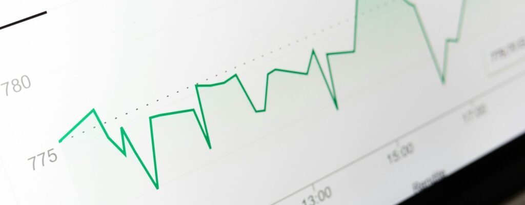 green line graph showing fluctuating performance over time, representing ROI on data and AI investments with upward and downward trends