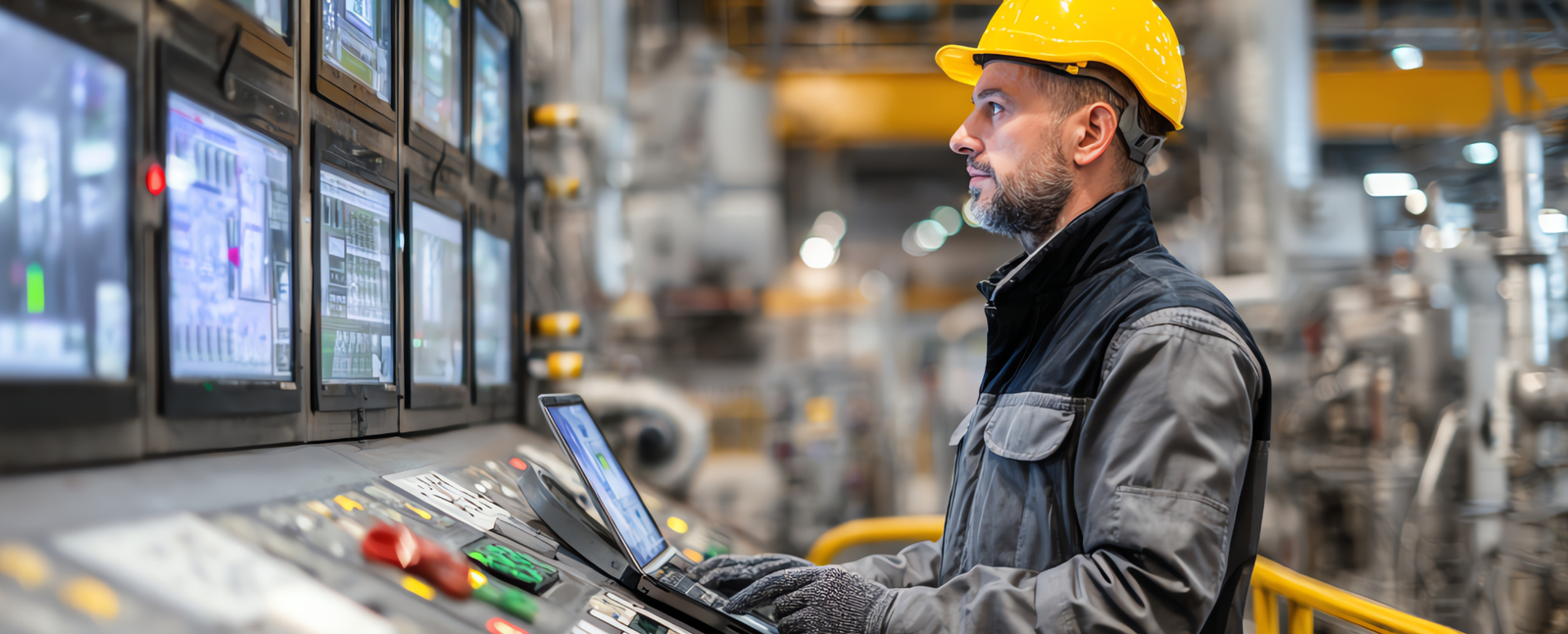 hard hat worker looking at a monitor, meant to represent how a company benefits from using predictive maintenance and ai to reduce downtime